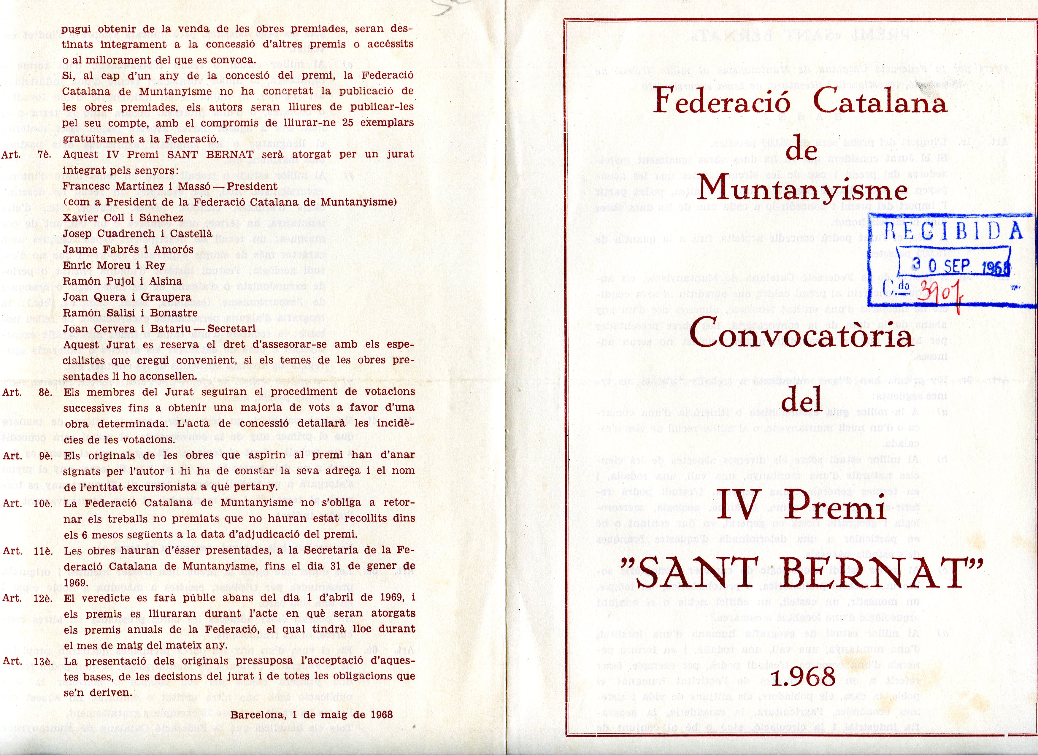 Convocatòria del IV Premi "Sant Bernat" 1.968 - Portada